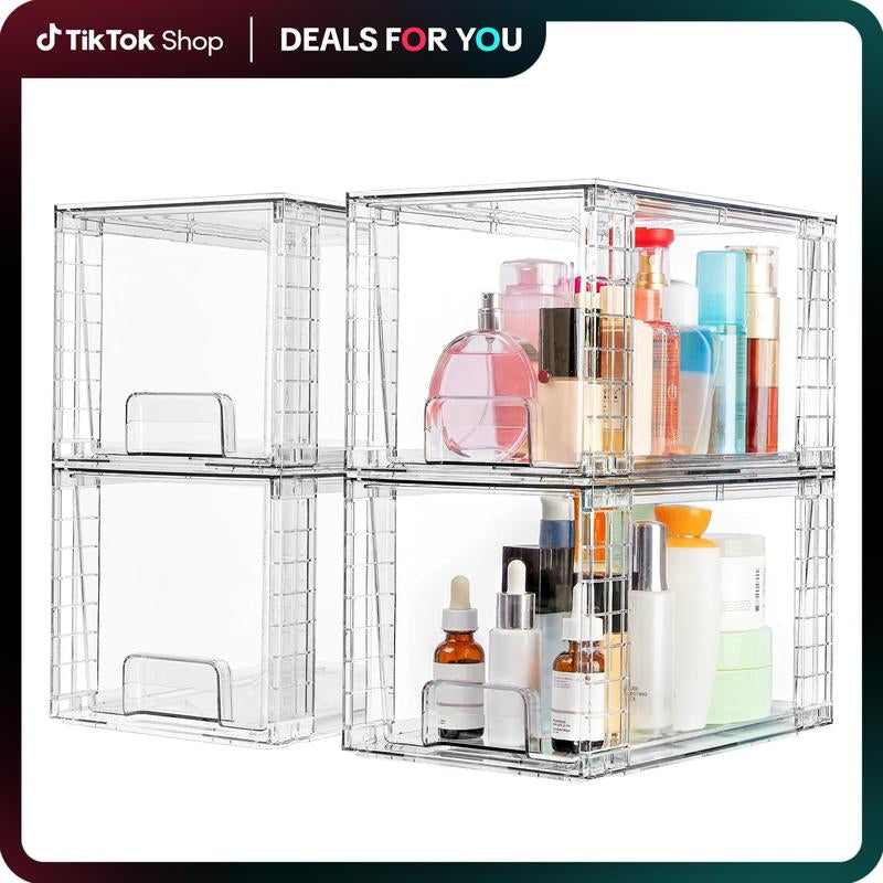 Transparent Stackable Drawer Organizer with Handles for Bathroom Kitchen Pantry under Sink Cabinet Closet Makeup Multifunctional Storage Solution 5-10Kg Capacity, 3-Tier Metal Rolling Cart with Wheels Pink