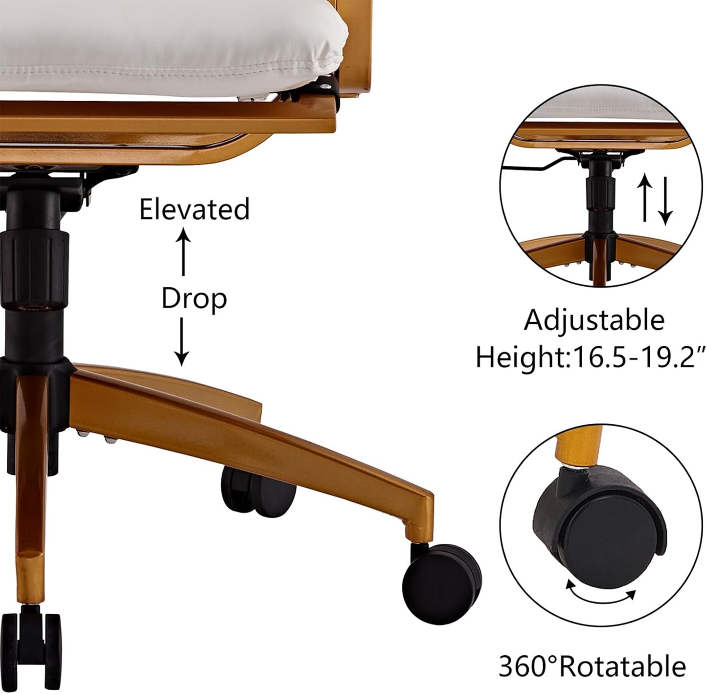 Ergonomic High Back Leather Office Chair with 330LBS Capacity, 360° Swivel, Adjustable Height, and 5-Wheel Casters - Modern Gold Frame Desk Chair for Home and Office (Gd-White)