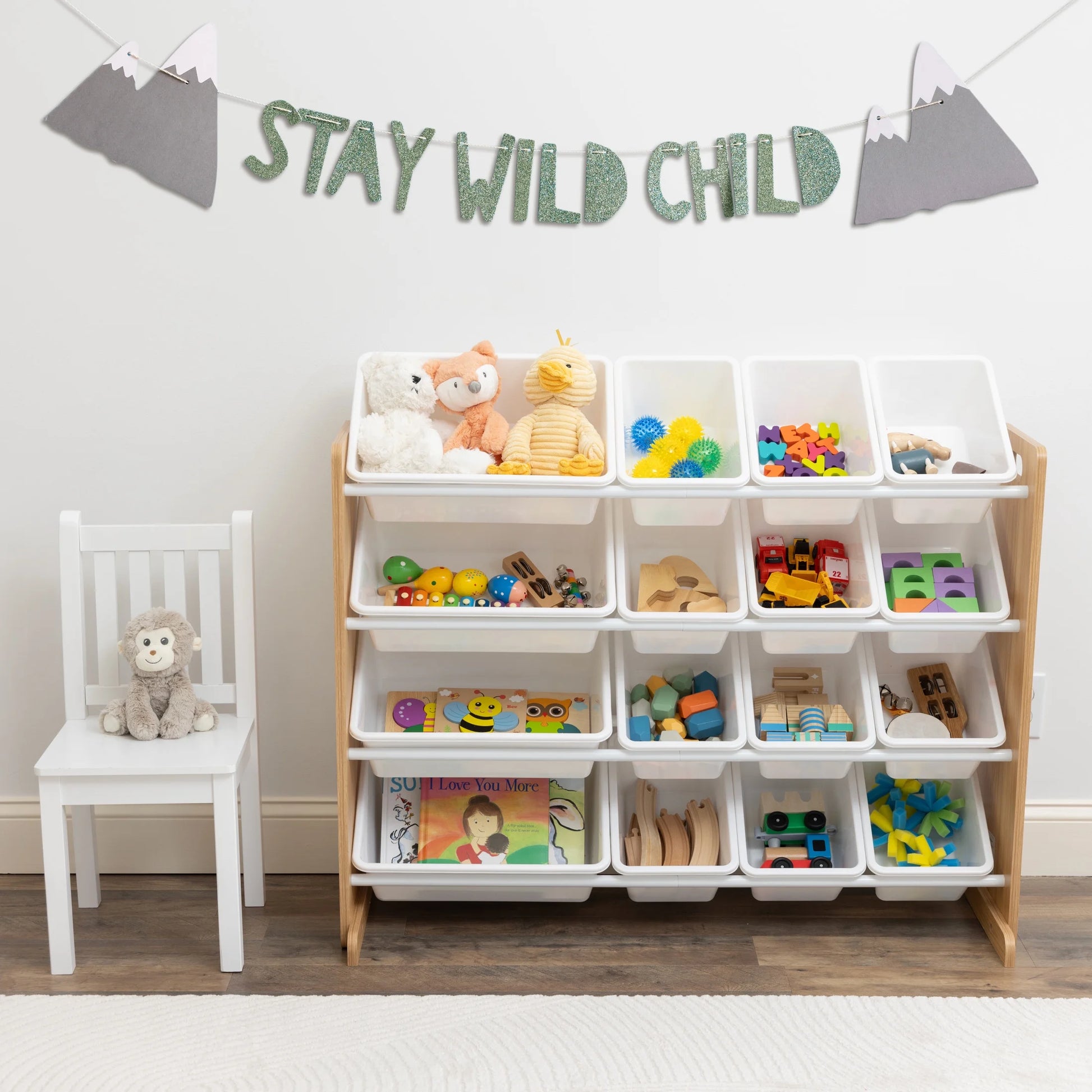 Journey Supersized Toy Storage Organizer with 16 Plastic Storage Bins, Natural/White