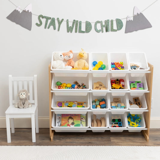 Journey Supersized Toy Storage Organizer with 16 Plastic Storage Bins, Natural/White