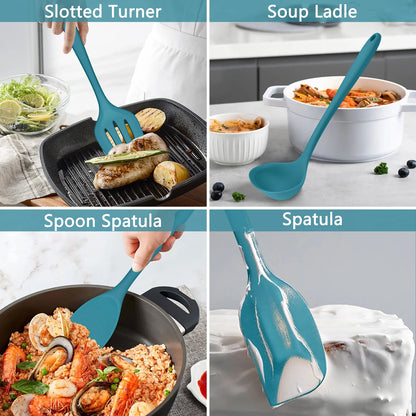 7-Piece Silicone Cooking Utensils Set, Blue Kitchen Utensils, Non-Stick Gadgets Tools Include Slotted Turner, Soup Ladle, Pasta Server