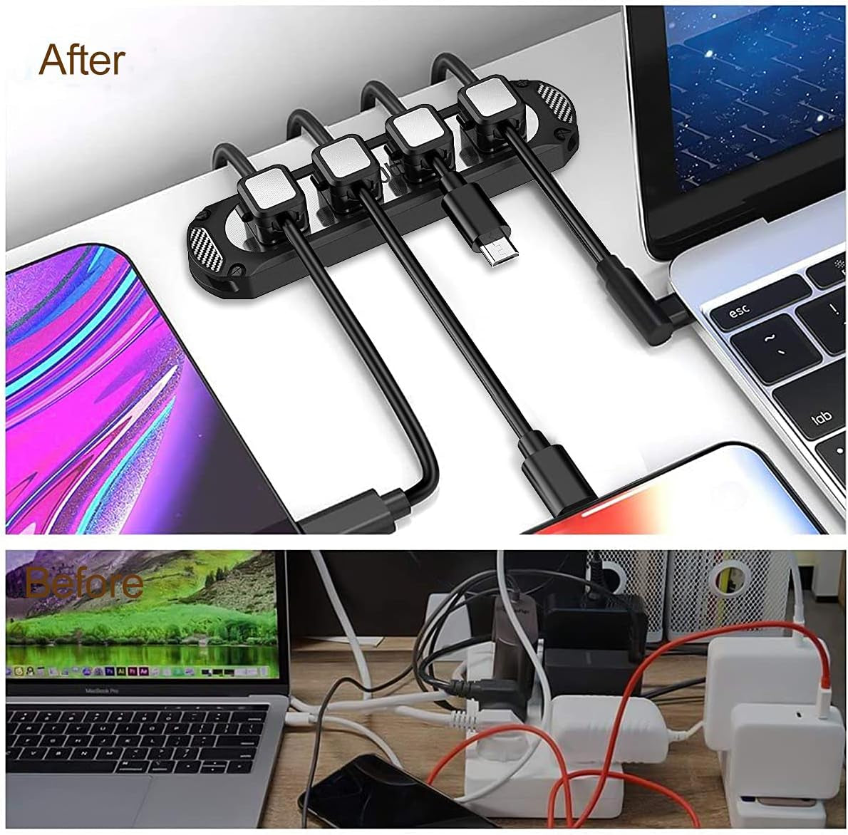 Magnetic Cable Holder 6 Slots Cable Clips Cable Management Wire Organizer under Desk Self Adhesive Sticky for USB Cord Wall Nightstand Car Charging Power Office Home Wire Clips - Black