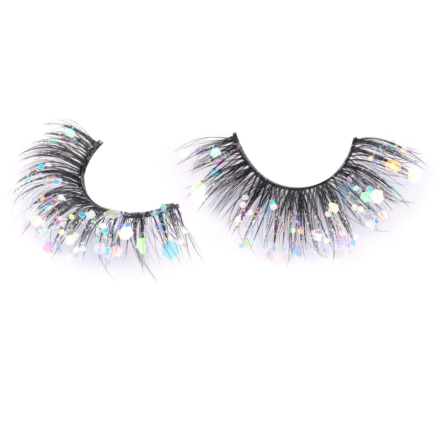 Glitter Lashes Dramatic Faux Eyelashes with Shinny Glitter Decorative Colored Lashes Glow in the Dark Faux Mink Eyelahses Cat Eye Strip Lashes Pack 7 Pairs