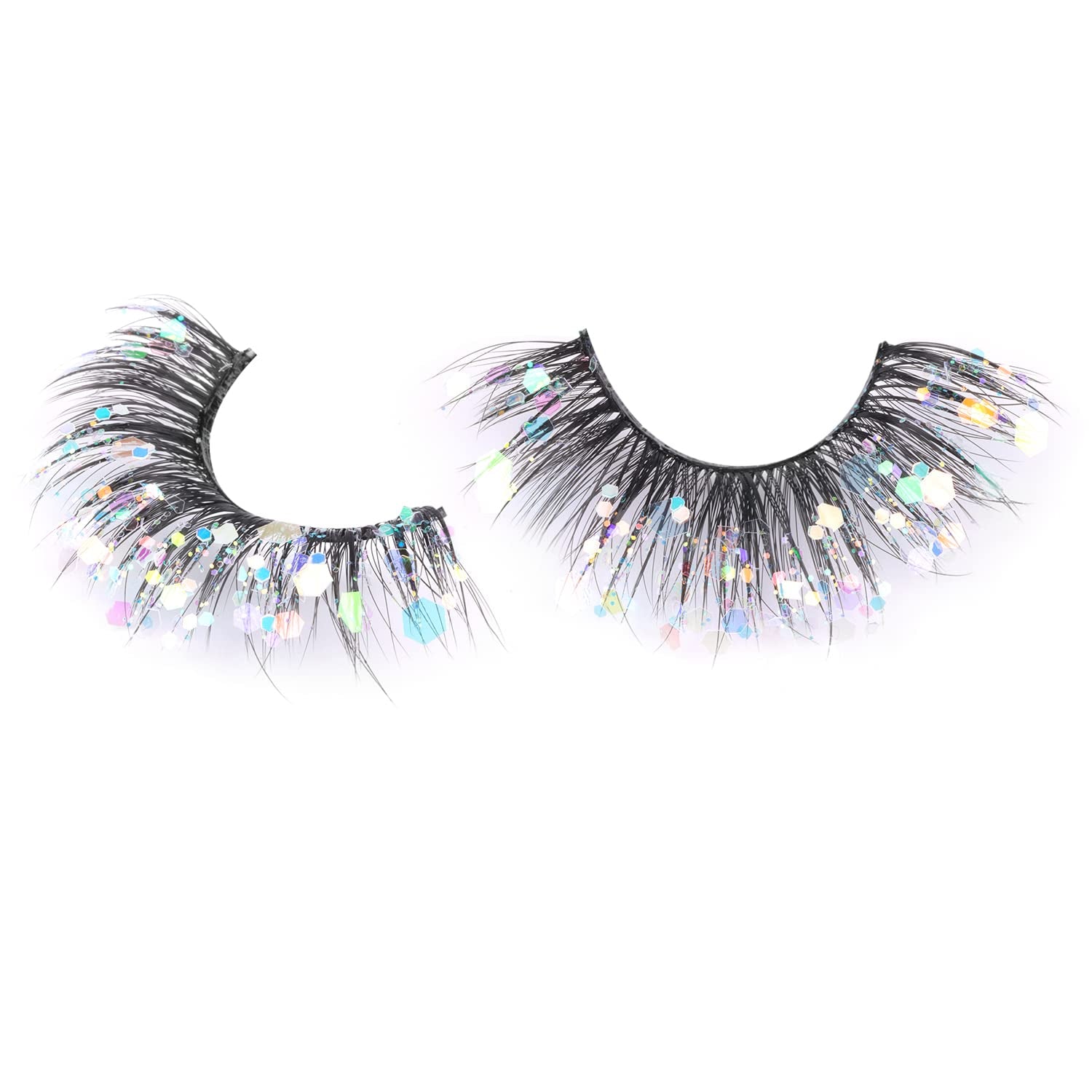 Glitter Lashes Dramatic Faux Eyelashes with Shinny Glitter Decorative Colored Lashes Glow in the Dark Faux Mink Eyelahses Cat Eye Strip Lashes Pack 7 Pairs