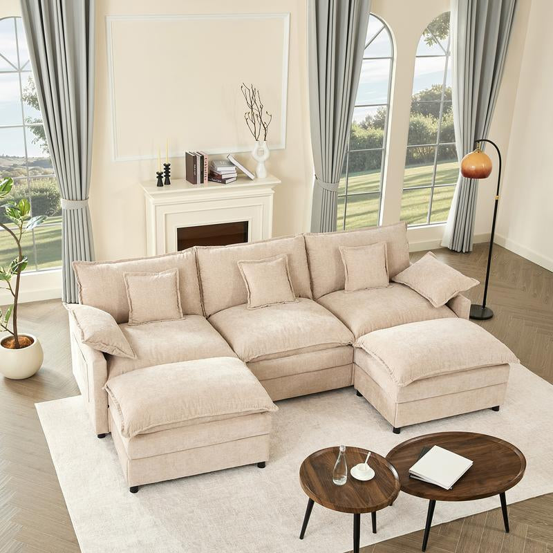 【2 Packages Shipping】Gosuhi 108" U-Shaped Modular Sectional Sofa - Comfy Cloud 3-Seater with Movable Ottoman, Deep Seat Linen Couch for Living Room, Beige Color ,Comfort & Stylish Design