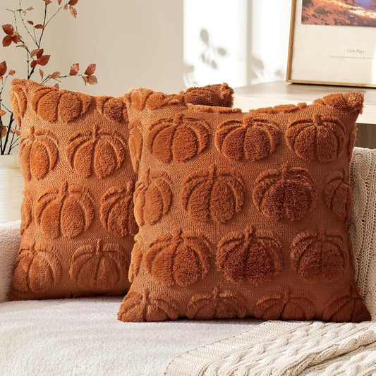 Throw Pillow Covers Pumpkin Fall Decorative Soft Faux Fur Pillow Covers for Autumn Harvest Fluffy Plush Accent Pillow Cases for Farmhouse Couch Cushion Covers 2 Pack
