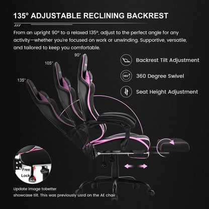 Ergonomic Gaming Chair GTWD-200 with Adjustable Pillows and Footrest , Pink