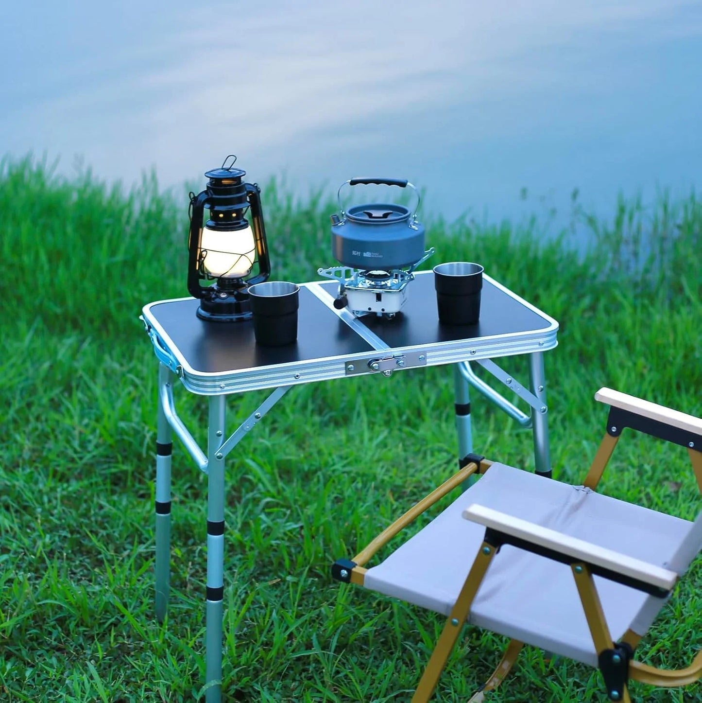Camping Table with Detachable Net Layer Portable Small Folding Alumiumum Table Adjustable Height with 2 Hooks Easy Holders Sturdy Outdoor Picnic Beach BBQ Cooking