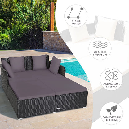 Patio Rattan Daybed with 4 Pillows Cushioned Sofa for Outdoor Grey