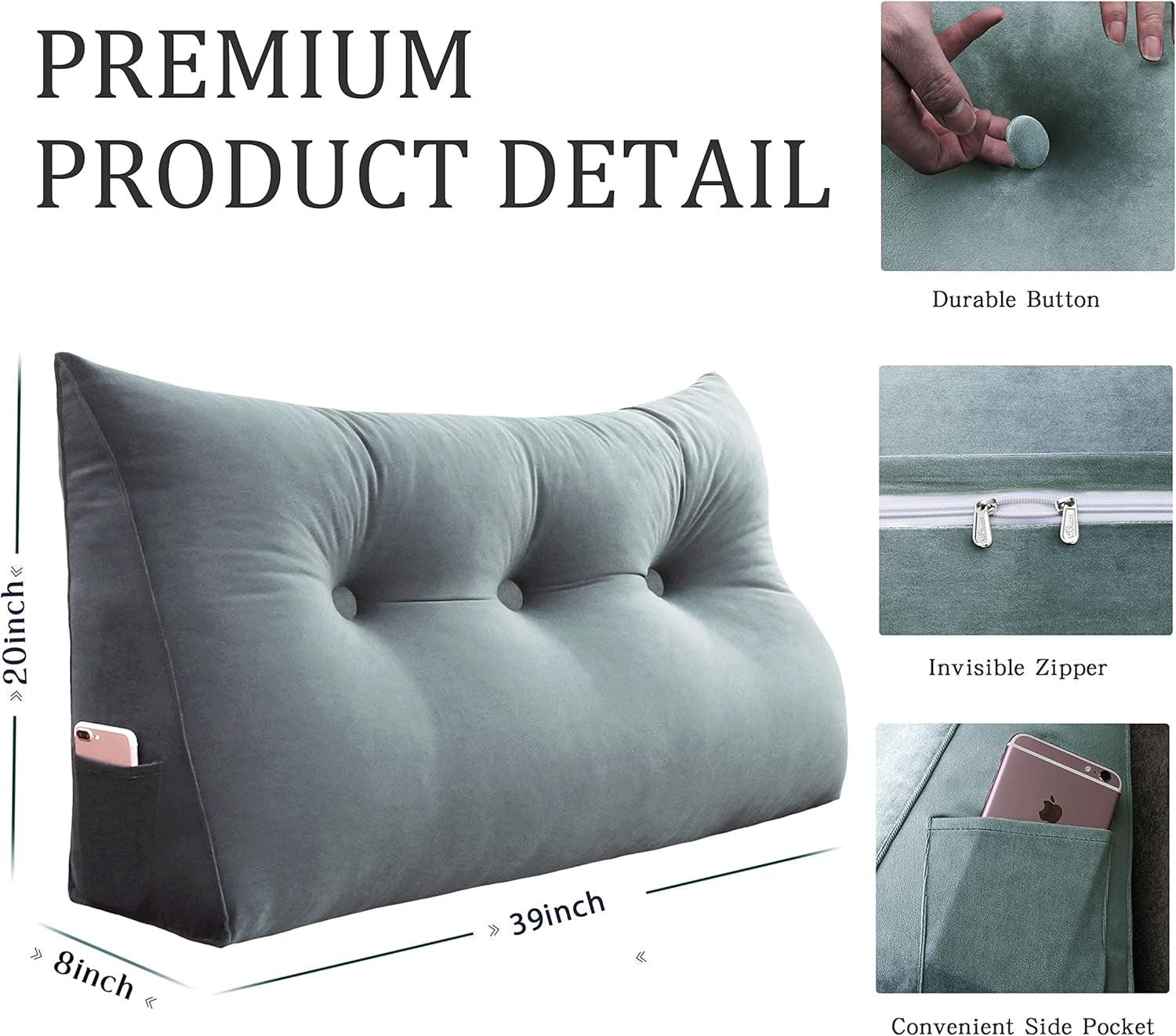 Large Headboard Pillow Wedge Bed Rest Reading Pillow Daybed Pillows Triangular Headboard Wedge Pillows Bolster Gap Filler Triangle Back Cushion Long Wedge Pillow, Velvet Deep Blue Twin