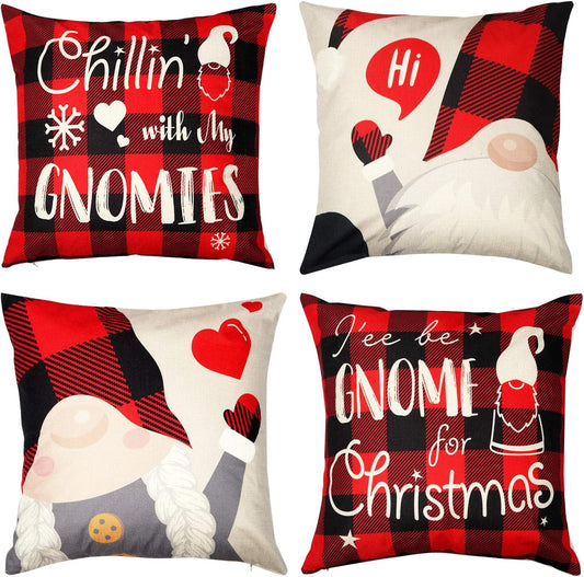 Gnome Christmas Pillow Covers 18X18 Set of 4, Christmas Decorations Pillow Cases Decorative Throw Pillow Covers, Pillowcase Xmas Decoration