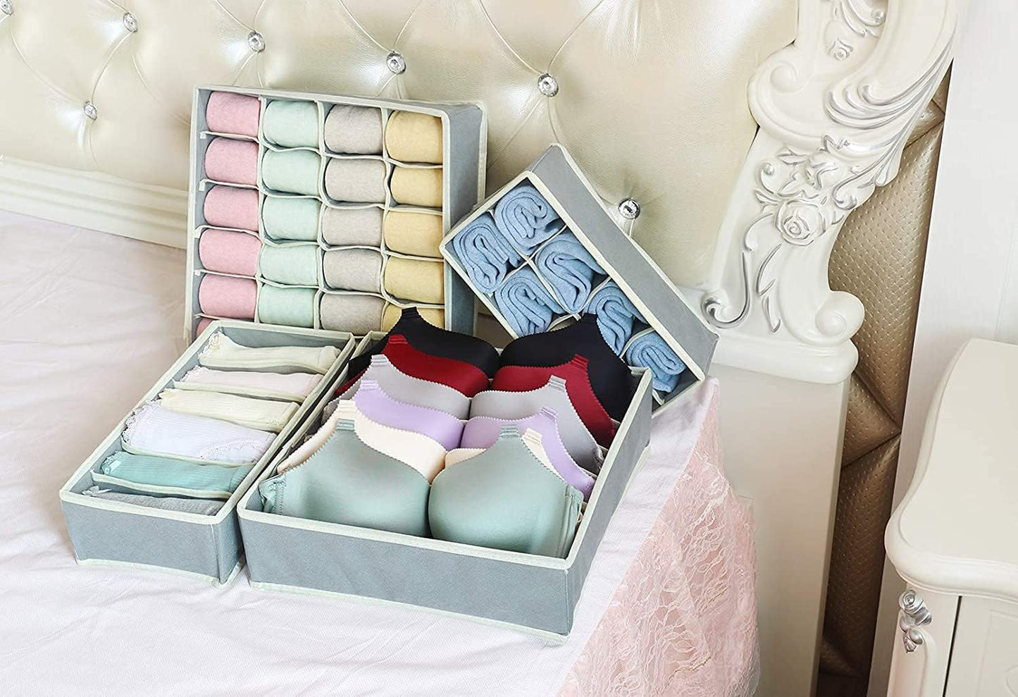 4 Pack Foldable Underwear and Bras Drawer Organizers, Fabric Closet Dresser Drawers Organizers Dividers, Clothing Storage Organizers Box for Lingerie, Panties, Socks, Briefs,Ties, Gray