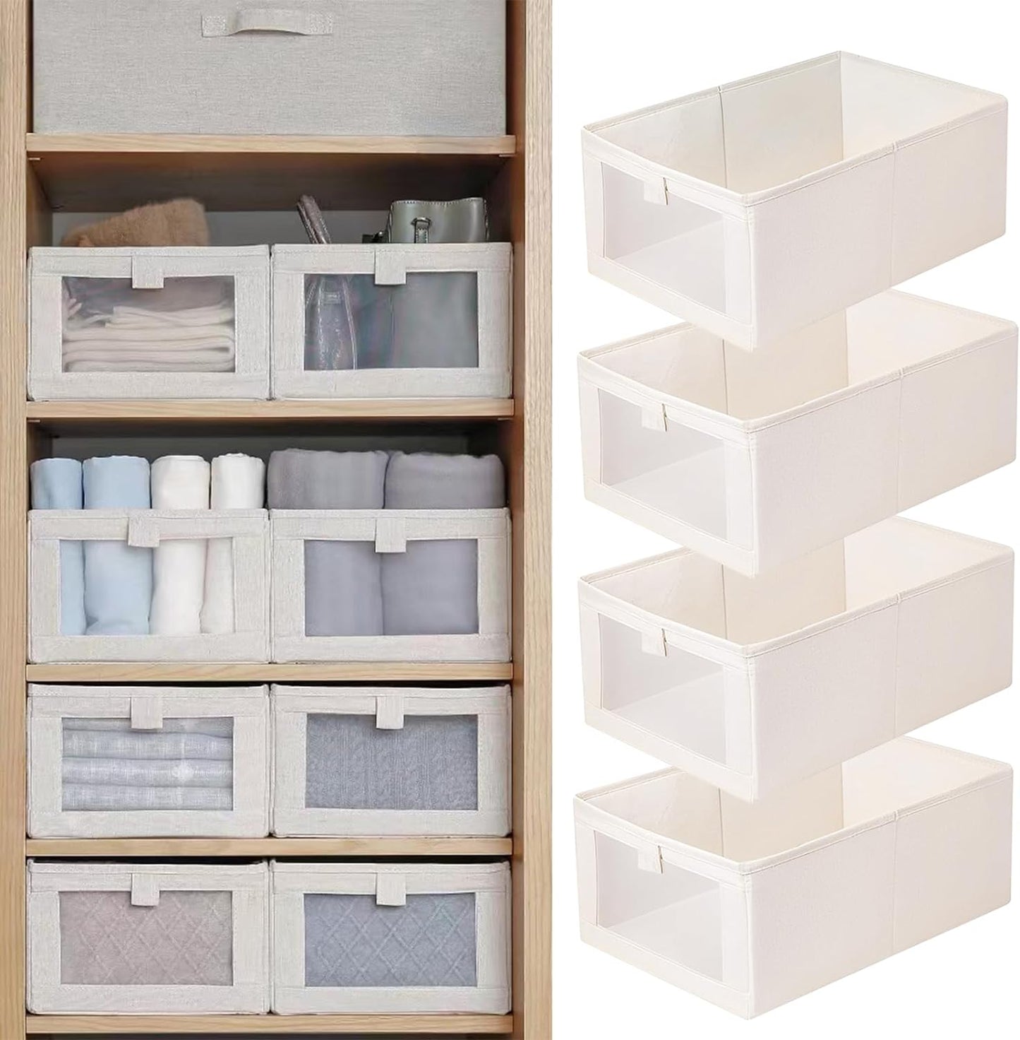 Linen Closet Organizers and Storage, 4 Pack Closet Storage Bins Linen Closet Baskets for Closet Organization Foldable Closet Organizer Bins with Clear Window for Organizing Clothing, Jeans, Shelves