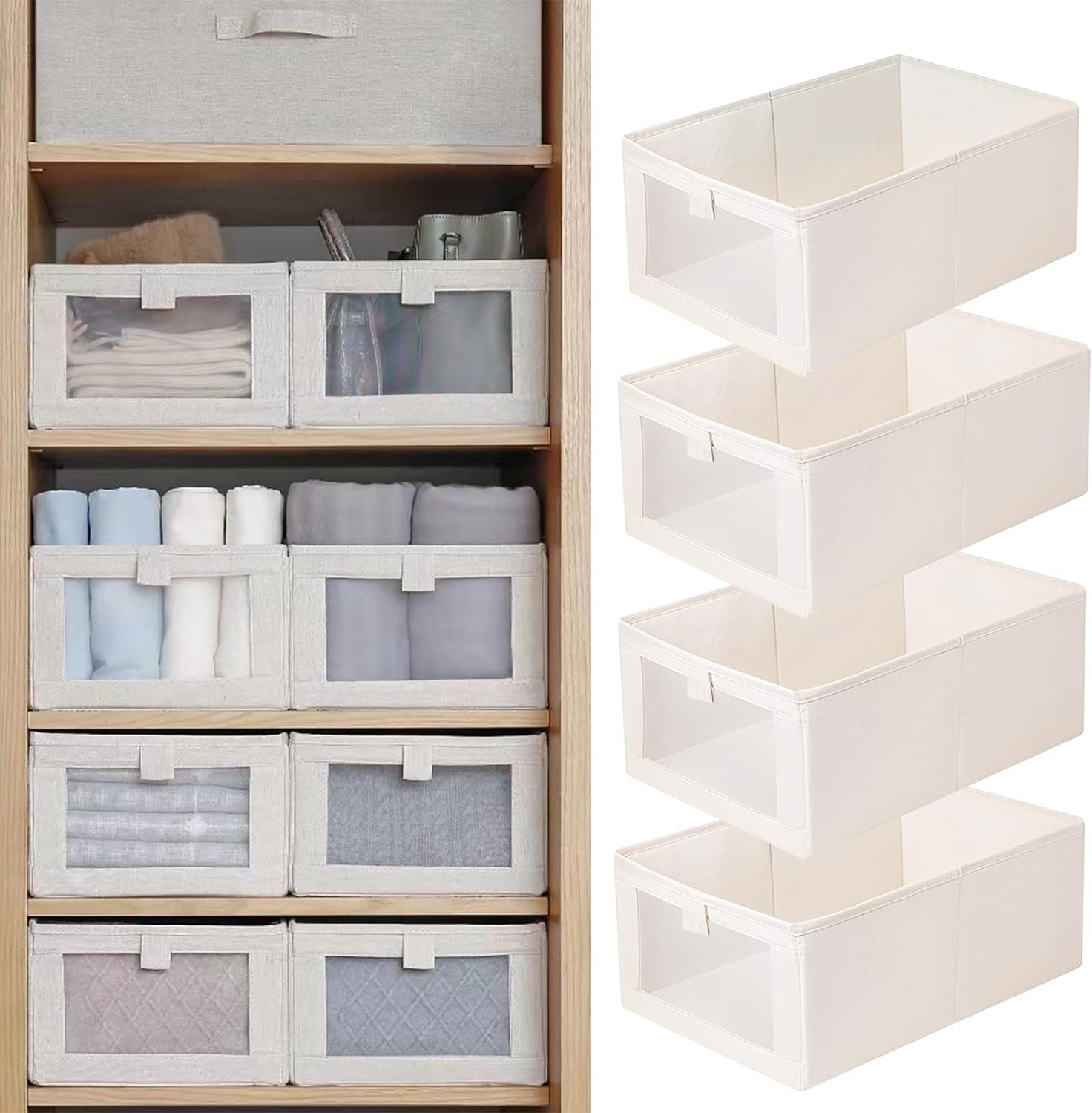 Linen Closet Organizers and Storage, 4 Pack Closet Storage Bins Linen Closet Baskets for Closet Organization Foldable Closet Organizer Bins with Clear Window for Organizing Clothing, Jeans, Shelves