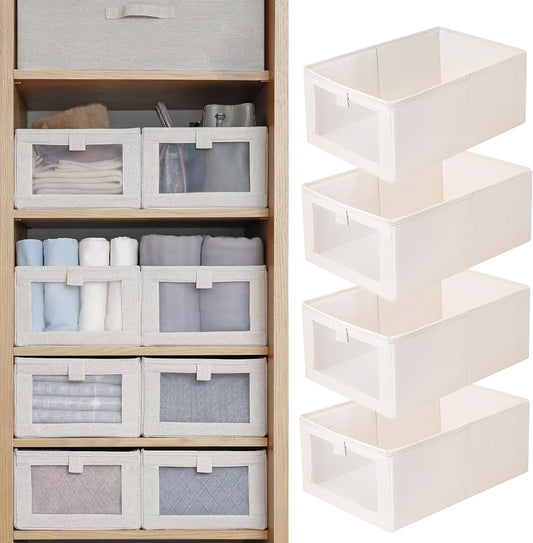 Linen Closet Organizers and Storage, 4 Pack Closet Storage Bins Linen Closet Baskets for Closet Organization Foldable Closet Organizer Bins with Clear Window for Organizing Clothing, Jeans, Shelves