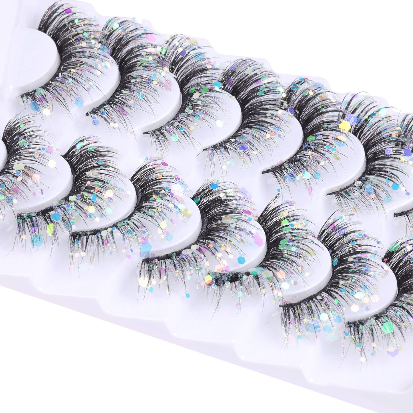 Glitter Lashes Dramatic Faux Eyelashes with Shinny Glitter Decorative Colored Lashes Glow in the Dark Faux Mink Eyelahses Cat Eye Strip Lashes Pack 7 Pairs