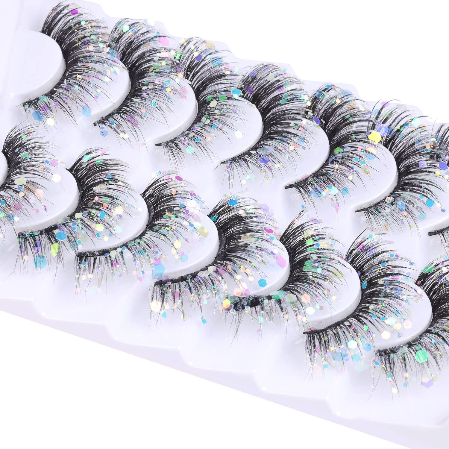 Glitter Lashes Dramatic Faux Eyelashes with Shinny Glitter Decorative Colored Lashes Glow in the Dark Faux Mink Eyelahses Cat Eye Strip Lashes Pack 7 Pairs