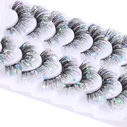 Glitter Lashes Dramatic Faux Eyelashes with Shinny Glitter Decorative Colored Lashes Glow in the Dark Faux Mink Eyelahses Cat Eye Strip Lashes Pack 7 Pairs