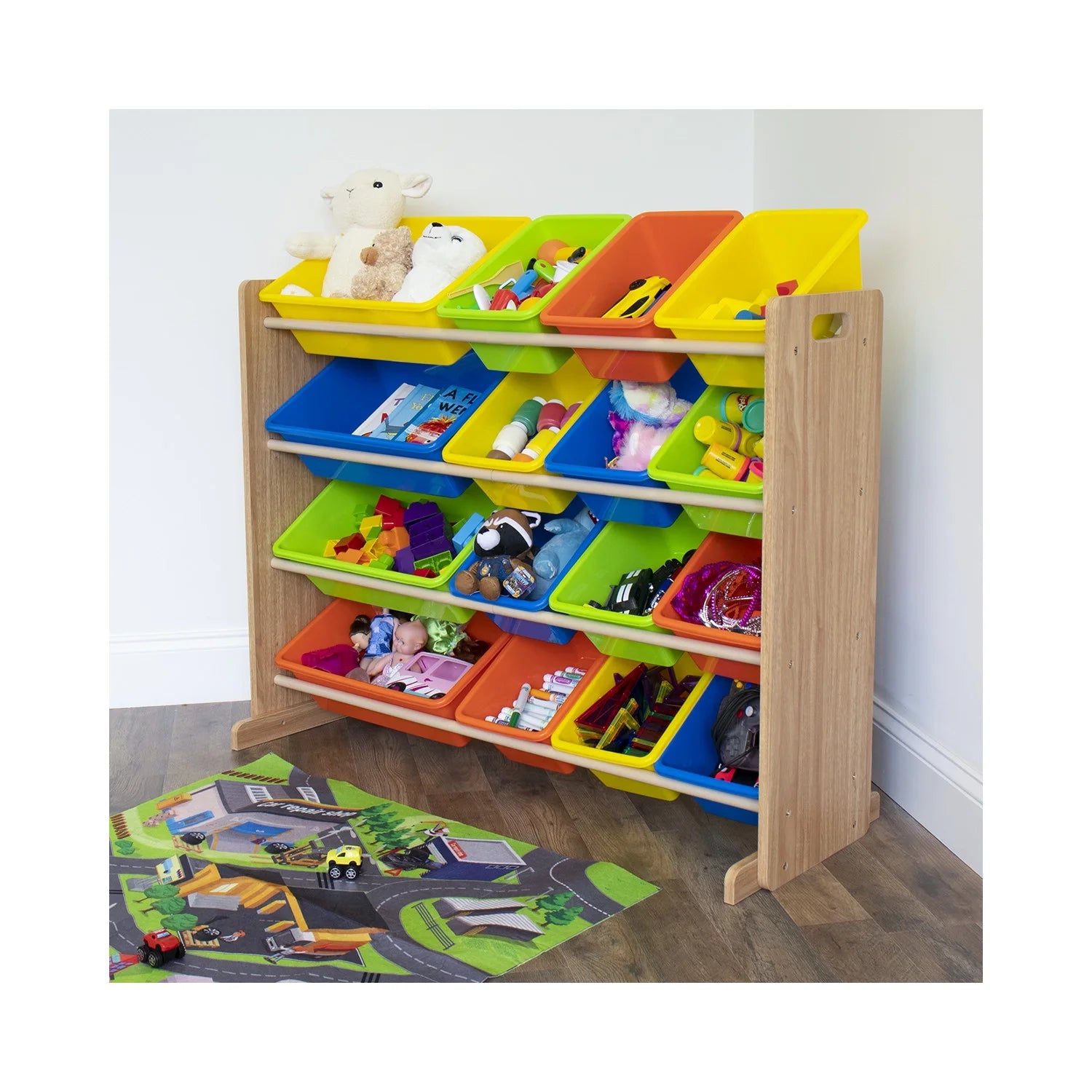 Kids Toy Storage Organizer with 16 Plastic Storage Bins, Natural/Multi Colors