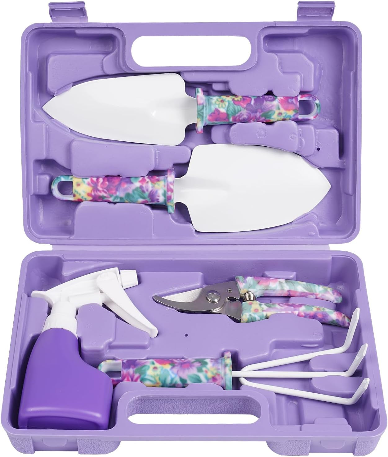 5-Piece Floral Print Gardening Tool Set with Ergonomic Handles, Includes Trowel, Rake, Weeder, Pruner Shears, and Sprayer, Complete with Carrying Case - Ideal Gift for Women