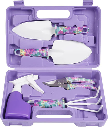 5-Piece Floral Print Gardening Tool Set with Ergonomic Handles, Includes Trowel, Rake, Weeder, Pruner Shears, and Sprayer, Complete with Carrying Case - Ideal Gift for Women