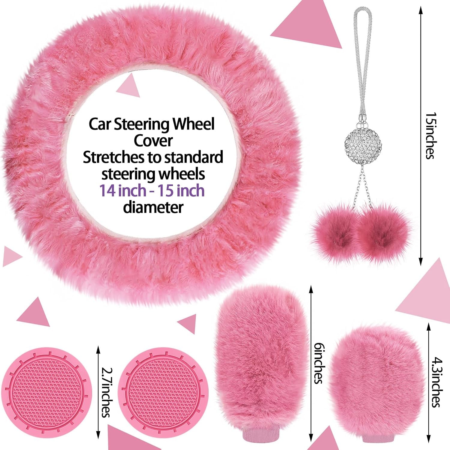 17 Pcs Car Seat Cover Full Set for Women Universal Fit Car Front Rear Fluffy Steering Wheel Fleece Handbrake Shift Covers Hanging Accessory Holder Ring Emblem(Pink Black)