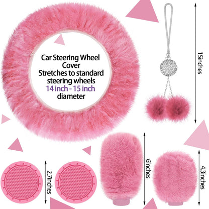 17 Pcs Car Seat Cover Full Set for Women Universal Fit Car Front Rear Fluffy Steering Wheel Fleece Handbrake Shift Covers Hanging Accessory Holder Ring Emblem(Pink Black)