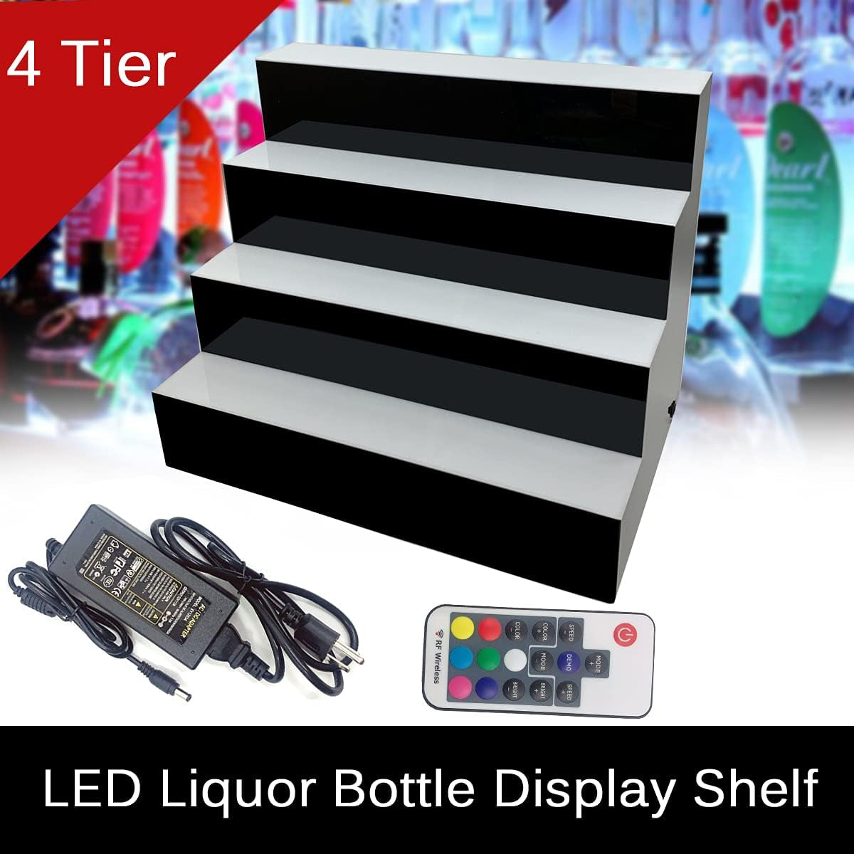 31 Inch 4 Step LED Lighted Liquor Bottle Display Illuminated Liquor Bottle Bar Display Stand LED Display Shelf 4 Tier Home Commercial Bar Drinks Lighting Shelves with Remote Control