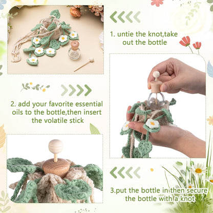 Crochet Plant Car Air Freshener 12Ml Empty Refillable Car Diffuser Bottle with Cute Potted Plants Hanging Accessories Essential Oil Diffuser