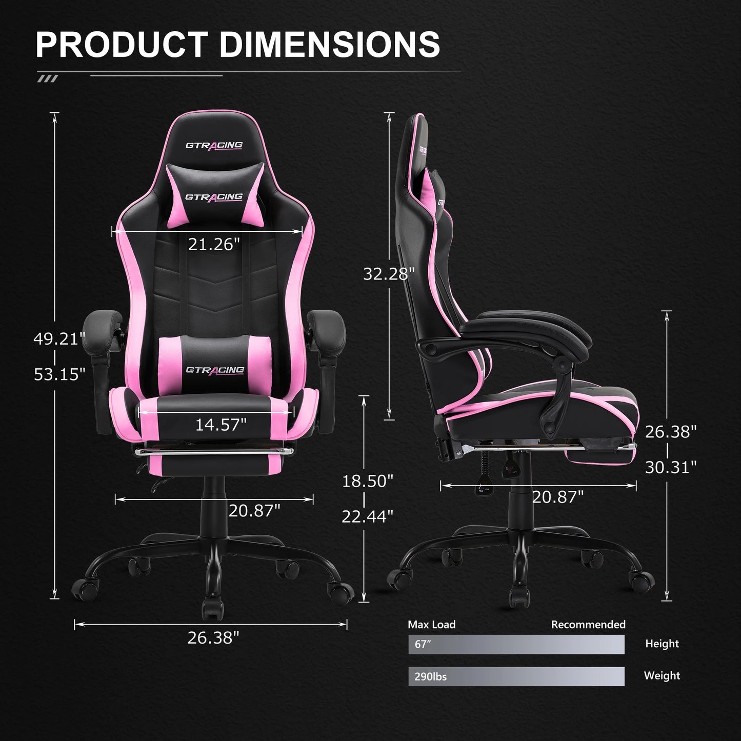 Ergonomic Gaming Chair GTWD-200 with Adjustable Pillows and Footrest , Pink