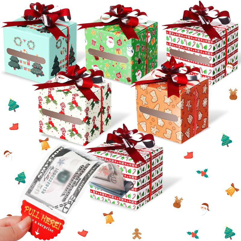 12 Pcs Christmas Money Box Christmas Party Gift Money Gift Boxes for Cash Pop up Christmas Money Holders for Cash with Festive Red Bows Clear Cash Seal Bags Penguin Santa Reindeer Snowman Gingerbread Men Pattern for Birthday Christmas Party Favor Supplies