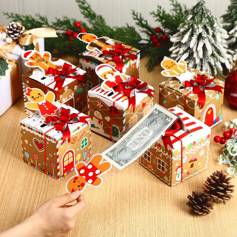12 Pcs Christmas Money Box Christmas Party Gift Money Gift Boxes for Cash Pop up Christmas Money Holders for Cash with Festive Red Bows Clear Cash Seal Bags Penguin Santa Reindeer Snowman Gingerbread Men Pattern for Birthday Christmas Party Favor Supplies