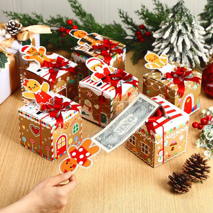 12 Pcs Christmas Money Box Christmas Party Gift Money Gift Boxes for Cash Pop up Christmas Money Holders for Cash with Festive Red Bows Clear Cash Seal Bags Penguin Santa Reindeer Snowman Gingerbread Men Pattern for Birthday Christmas Party Favor Supplies