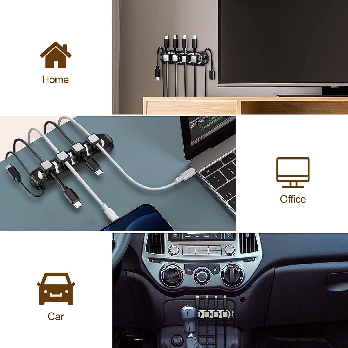 Magnetic Cable Holder 6 Slots Cable Clips Cable Management Wire Organizer under Desk Self Adhesive Sticky for USB Cord Wall Nightstand Car Charging Power Office Home Wire Clips - Black