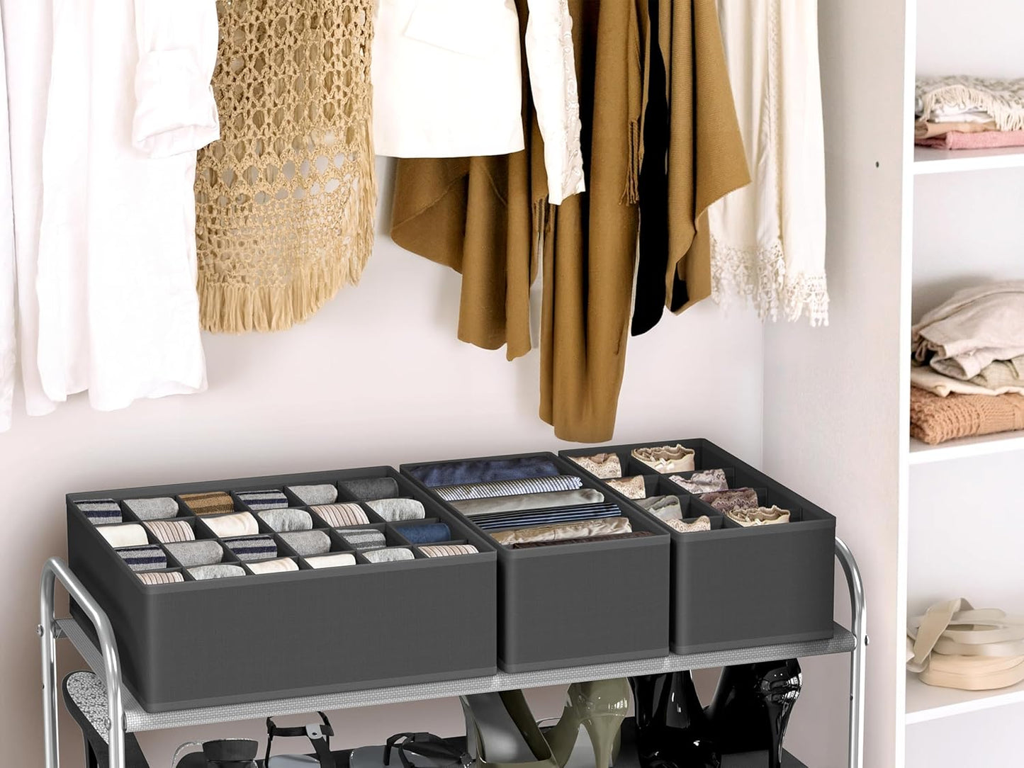 4-Pack Drawer Organizer Set - Closet Dividers for Underwear, Socks, Bras, Scarves, Ties - Foldable Non-Woven Storage Boxes, Dark Gray