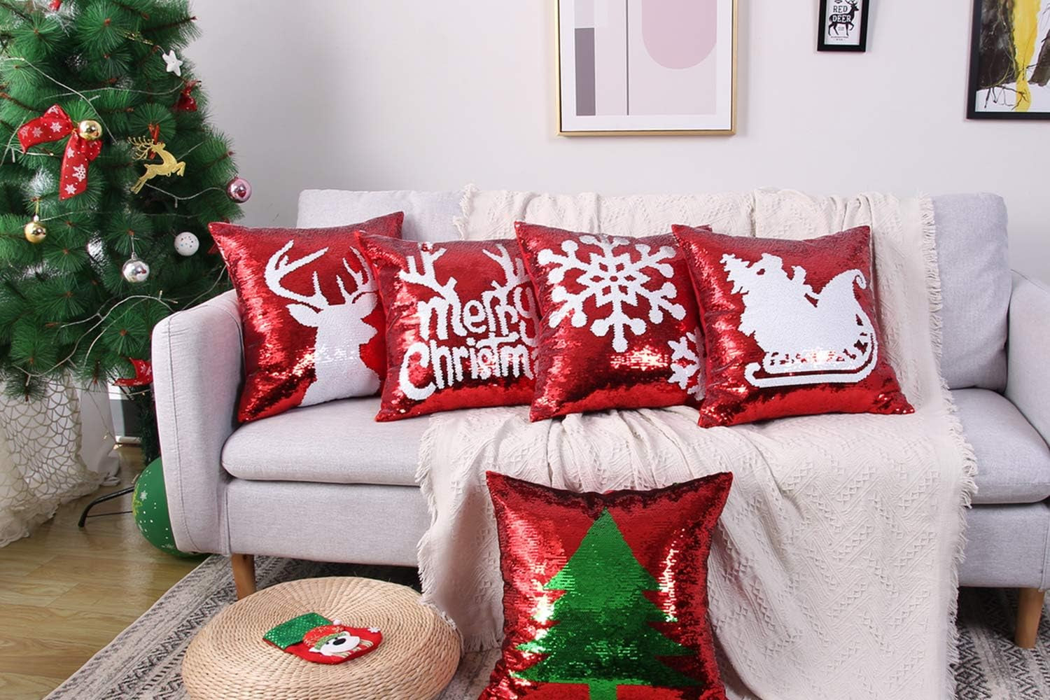 Reversible Sequins Pillow Covers 18 X 18 Inch Christmas Sequin Pillow Case Magic Red Mermaid Throw Decorative Pillowcase (Red-5 Pieces)