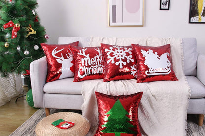 Reversible Sequins Pillow Covers 18 X 18 Inch Christmas Sequin Pillow Case Magic Red Mermaid Throw Decorative Pillowcase (Red-5 Pieces)