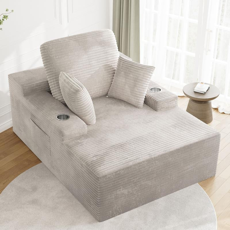 49" Oversized Chaise Lounge Sofa Bed with 2 Cup Holders & Storage Pocket - Plush Corduroy Upholstered, No Assembly Cloud Couch for Living Room, Bedroom, or Reading Nook