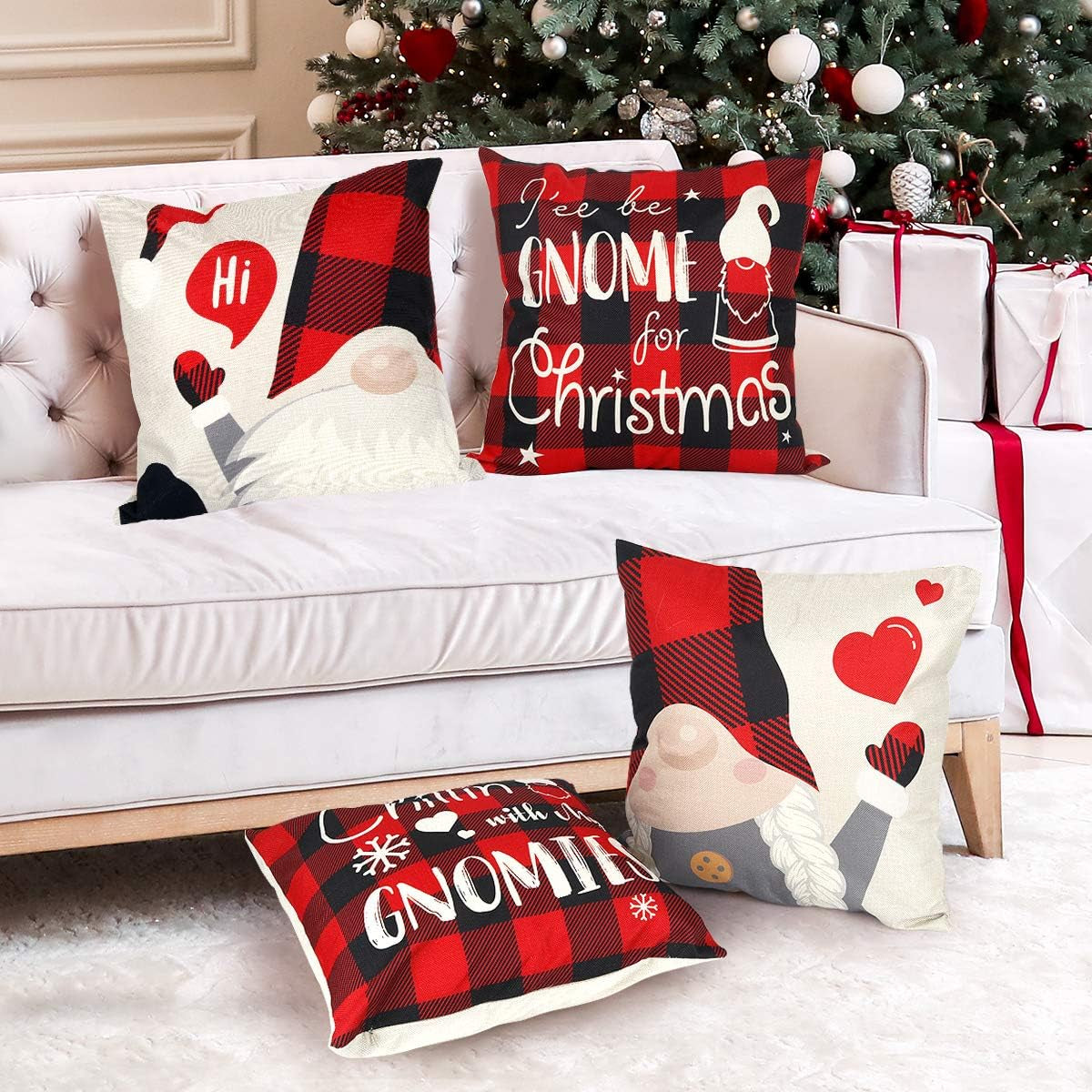 Gnome Christmas Pillow Covers 18X18 Set of 4, Christmas Decorations Pillow Cases Decorative Throw Pillow Covers, Pillowcase Xmas Decoration