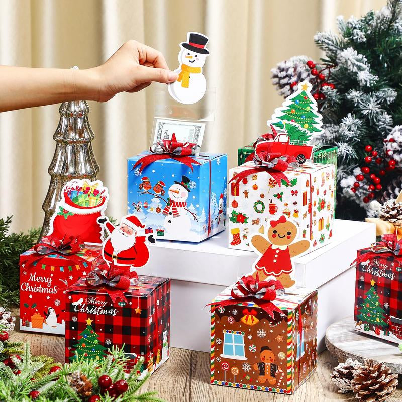 12 Pcs Christmas Money Box Christmas Party Gift Money Gift Boxes for Cash Pop up Christmas Money Holders for Cash with Festive Red Bows Clear Cash Seal Bags Penguin Santa Reindeer Snowman Gingerbread Men Pattern for Birthday Christmas Party Favor Supplies
