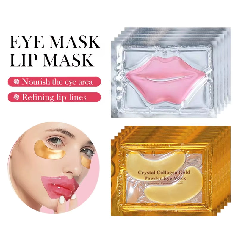 10/20Pcs Golden Crystal Collagen Eye Mask anti Dark Circle Anti-Aging Moisturizing Pink Lip Mask Eyes Lips Travel Size Skin Care