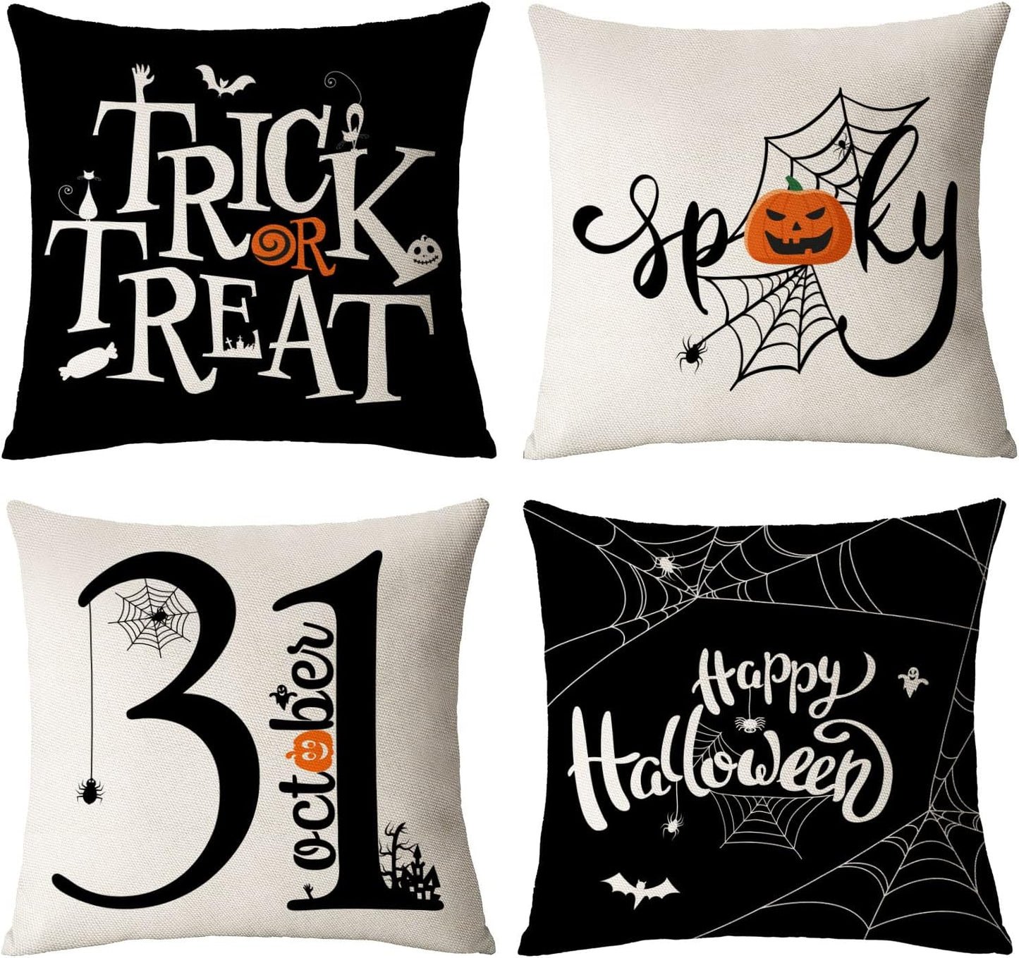Halloween Pillow Covers Set of 4 Trick or Treat Decorative Throw Pillows Cover 18X18 Black Spider Webs Pillow Cases Home Outdoor Sofa Couch Cushion Covers for Halloween Decor (18 by 18)