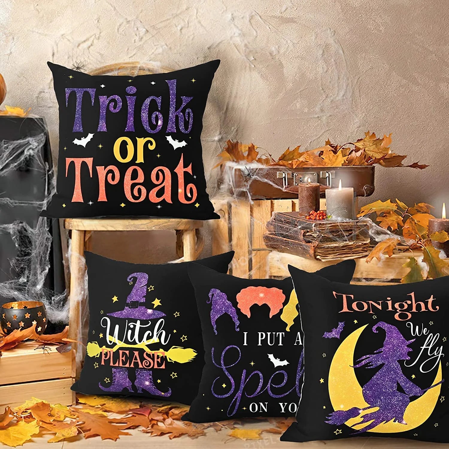 Halloween Pillow Covers 18 X 18 Inch, Trick or Treat Decorative Throw Pillow Covers Set of 4,Black