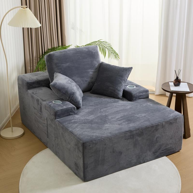 49" Oversized Chaise Lounge Sofa Bed with 2 Cup Holders & Storage Pocket - Plush Corduroy Upholstered, No Assembly Cloud Couch for Living Room, Bedroom, or Reading Nook