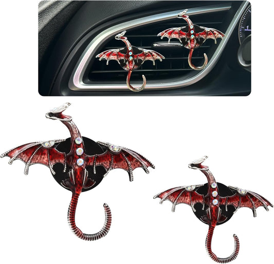 Dargon Air Vent Clips Car Air Freshener 2Pcs Bling Red Dragon Car Accessories Enamel Fire Dragon Wyvern Vent Clips Refillable Car Essential Oil Outlet Diffuser Gothic Car Decor