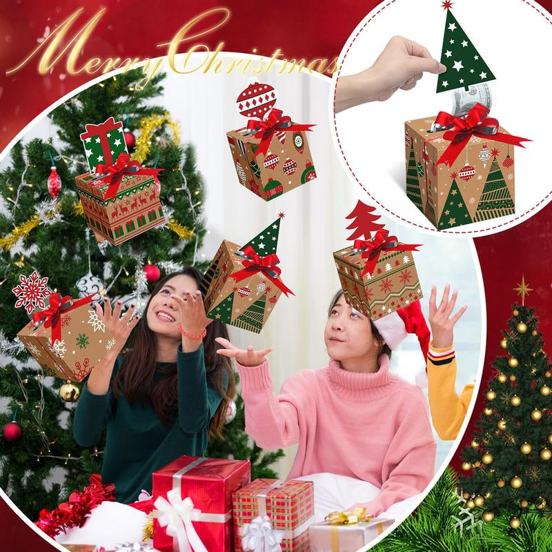 12 Pcs Christmas Money Box Christmas Party Gift Money Gift Boxes for Cash Pop up Christmas Money Holders for Cash with Festive Red Bows Clear Cash Seal Bags Penguin Santa Reindeer Snowman Gingerbread Men Pattern for Birthday Christmas Party Favor Supplies