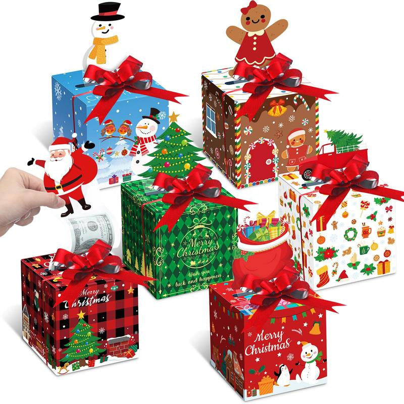 12 Pcs Christmas Money Box Christmas Party Gift Money Gift Boxes for Cash Pop up Christmas Money Holders for Cash with Festive Red Bows Clear Cash Seal Bags Penguin Santa Reindeer Snowman Gingerbread Men Pattern for Birthday Christmas Party Favor Supplies