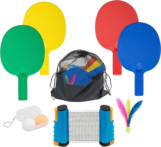 Plastic Portable Ping Pong Paddles Set of 4 Table Tennis Paddles with Retractable Ping Pong Net - 2 Ping Pong Balls with 1 Birdie. Perfect for Office, Lawn, and Beach Games for Adults and Families.