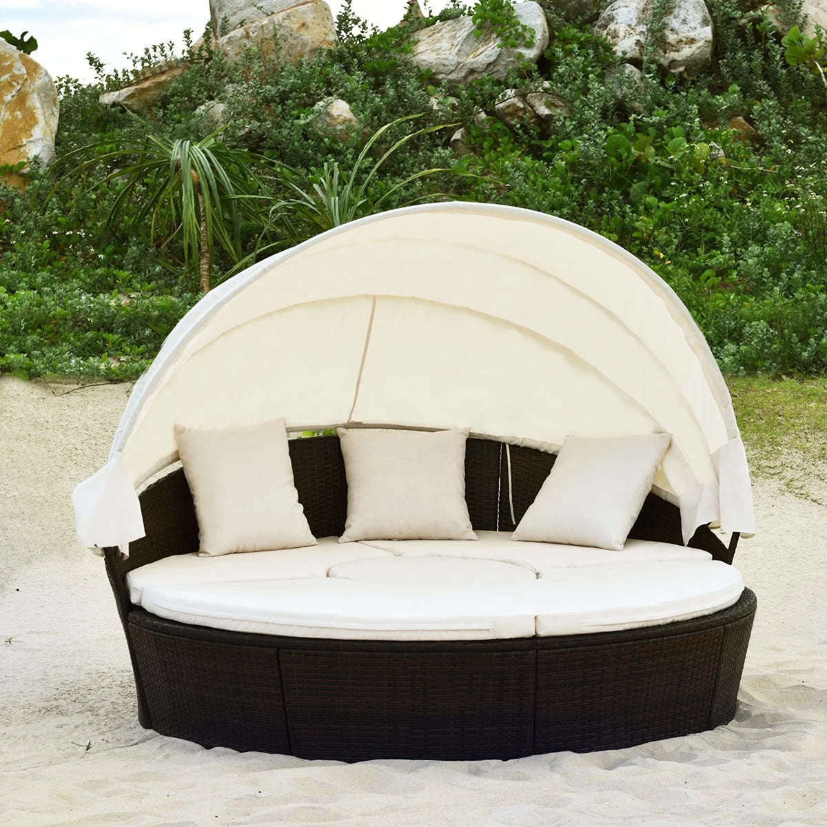 Cushioned Patio Rattan round Daybed W/ Adjustable Table 3 Pillows Canopy
