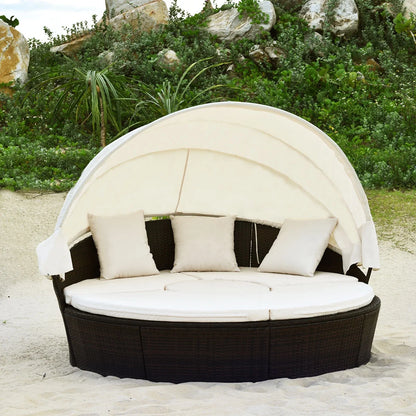 Cushioned Patio Rattan round Daybed W/ Adjustable Table 3 Pillows Canopy